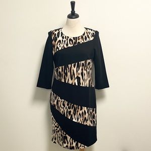 Chicos Black Leopard Print 3/4 Sleeve Ponte Shift Dress 1 Medium Stretch EUC